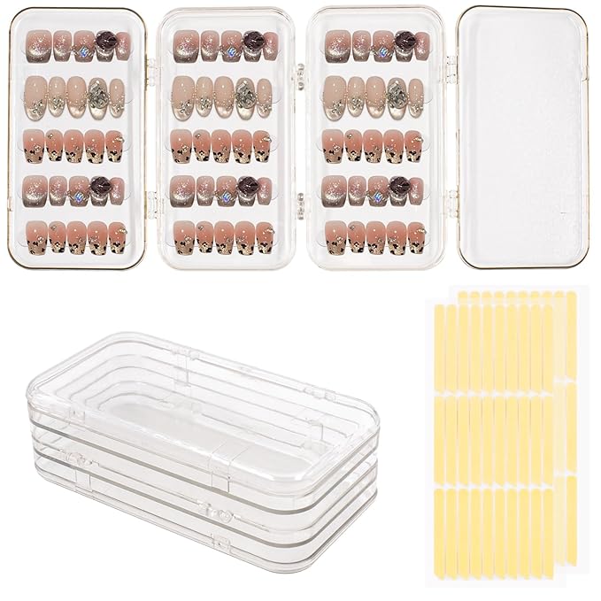2 Set Tri-Fold Press On Nail Organizer with 60 Strips Double Sided Tape, Portable Clear Plastic 4 Page Fake Nails Packaging Case for Travel, Nall Display, Salon Supplies (5.9 x 3.2 x 1.8 Inch)