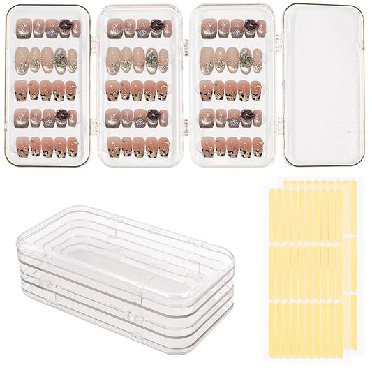 2 Set Tri-Fold Press On Nail Organizer with 60 Strips Double Sided Tape, Portable Clear Plastic 4 Page Fake Nails Packaging Case for Travel, Nall Display, Salon Supplies (5.9 x 3.2 x 1.8 Inch)