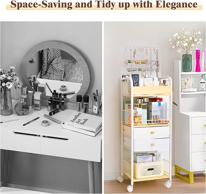 Makeup Cart, Makeup Organizer Cart with Wheels, Rolling Floor Skincare Organizer, Jewelry Organizer for Earring Necklace, Vanity Storage Drawers for Skincare Perfume Nail Polish Brush
