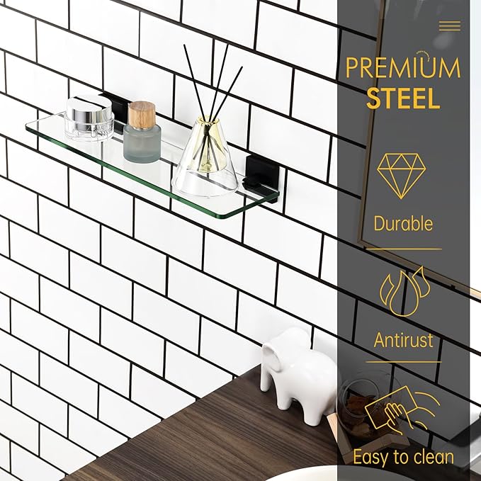 KOKOSIRI Bathroom Glass Shelf 16-Inch Tempered Glass Floating Shelves Shower Storage Kitchen Hanging Rack Wall Mount, Black Stainless Steel B1107BK-L16