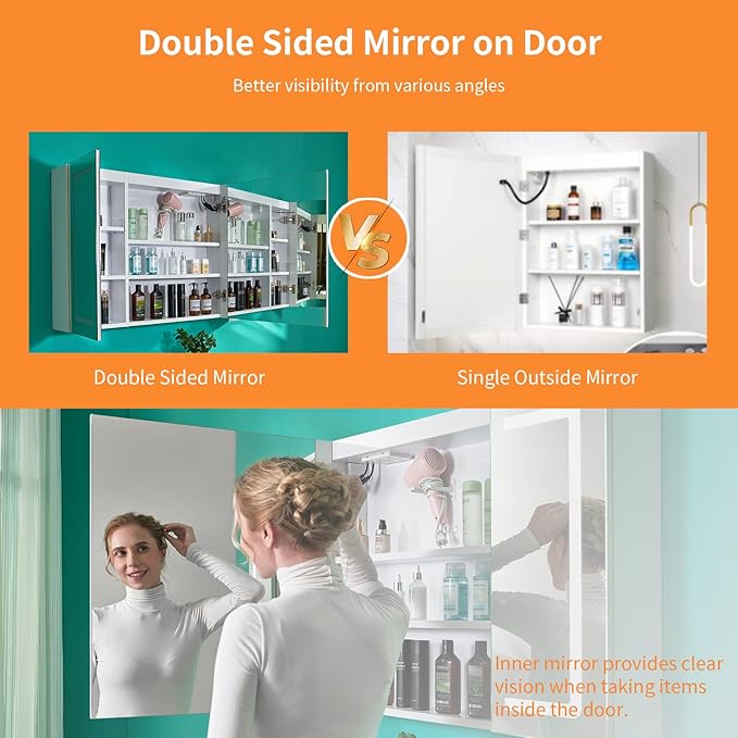 FCH LED Medicine Cabinet with Smart Mirror, 48" Wide Bathroom Medicine Cabinet with Bluetooth& Speaker, Clock, Room Temp Display, Defog, Stepless Dimming, 3-Color Temper Change, Outlets & USBs