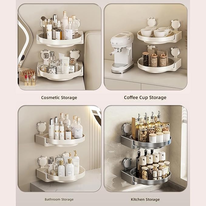 Efficient Suction Cup Mounted Organizers for Cabinets and Pantries Featuring 360 Rotation for Easy Item Access Drillless Bathroom Shelf