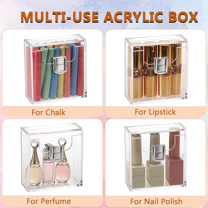BTSKY 2 Pack Compact Lipstick Organizer with Silver Latch, Clear Acrylic Perfume Holder & Nail Polish Organizer, Small Q-Tips Holder Dispenser Vanity Cosmetic Organizers for Lipstick Travel Samples