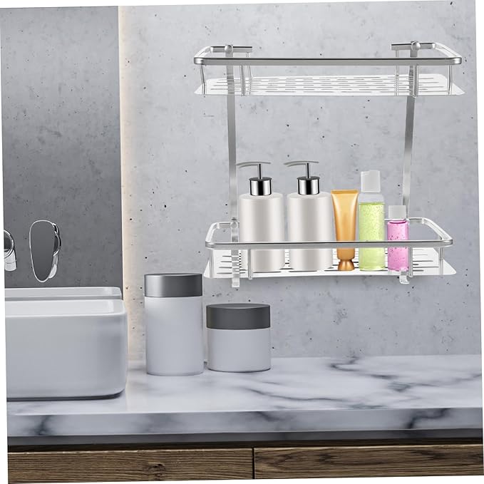 PRETYZOOM Bathroom Wall-Mounted Storage Rack Double Layer Aluminum Shelf Toilet Organizer for Bathroom Black Metal Design Space-Saving Solution for Sundries Storage