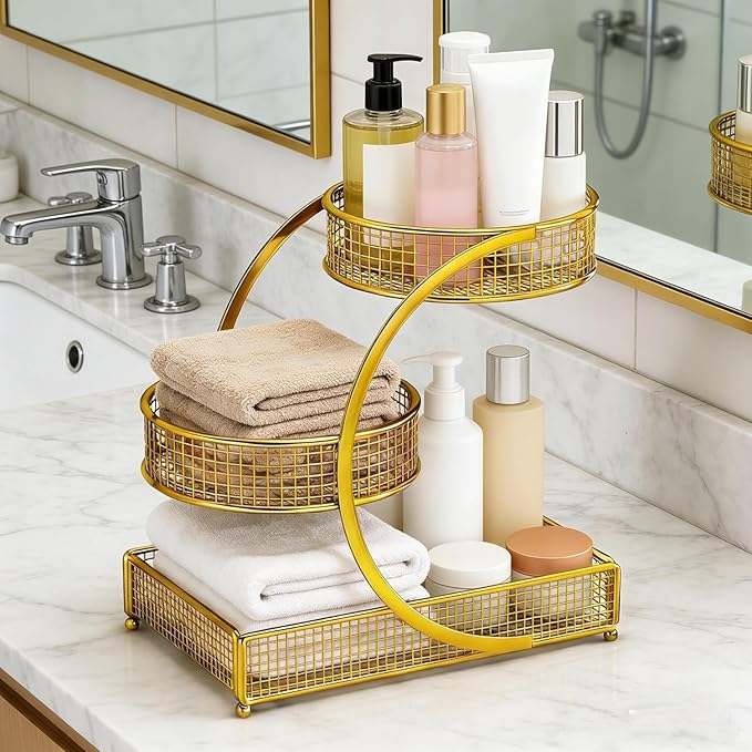 3-Tier Metal Cosmetic Organizer,Cosmetic Storage Rack for Vanity Tables,Multipurpose Metal Bathroom Organizers and Storage, Use Countertop Organizer for Perfume/Makeup/Vegetables (Gold)