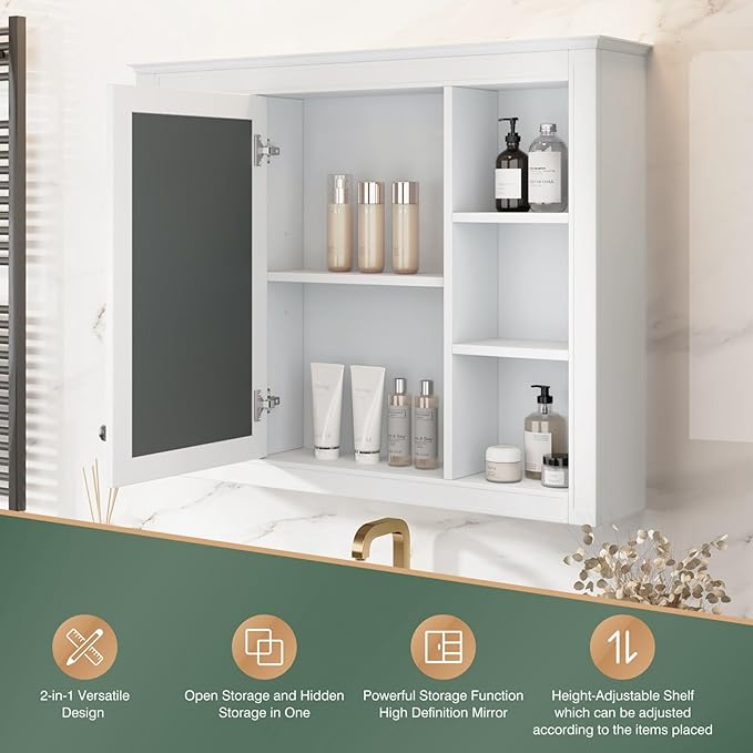 Merax 35''L Bathroom Medicine Storage Cabinet with Mirror Doors, Modern Wall Mount Toilet Toilet Organizers with 6 Open Shelves, White