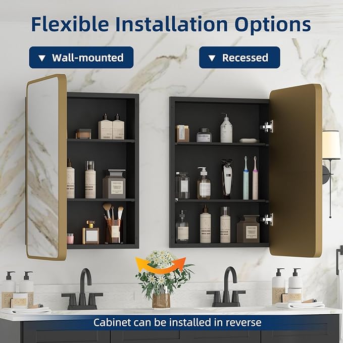 Bathroom Medicine Cabinet with Mirror 16 x 24 Inch, Brush Gold Medicine Cabinet Recessed or Surface Wall-Mounted, Mirrored Cabinets with 2 Adjustable Shelves for Bathroom Vanity