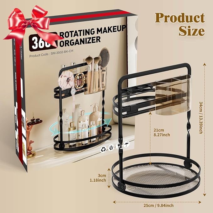 Rotating Makeup Organizer, Black Perfume Organizer for Dresser, Spinning Bathroom Countertop Organizer, 2 Tier Lazy Susan Vanity Tray Skincare Storage Cosmetic Display Case with Brush Holder
