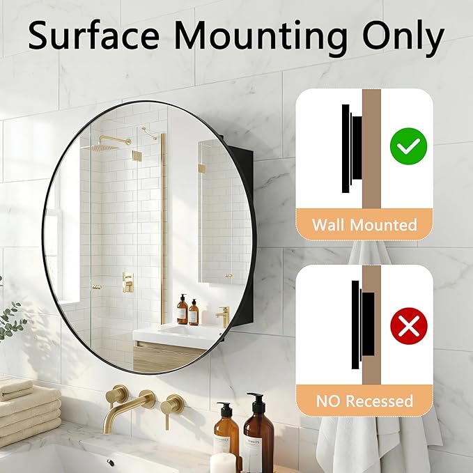 Black Medicine Cabinet Mirror, Wall Mounted Bathroom Vanity with Mirror, 23.2" Round Bathroom Medicine Cabinet with Storage Function, Removable Shelves, Metal, NO Assembly