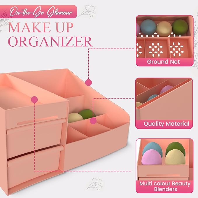 Makeup Organizer Countertop With 4 Beauty Blenders - Skincare and Bathroom Storage for Vanity and Counter (Pink)