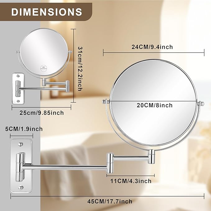 JANEEVA 8" Wall Mounted Makeup Mirror, 10X Magnifying Mirror with 360 Extendable Arm - Double Sided Vanity Mirror for Bathroom (Chrome)