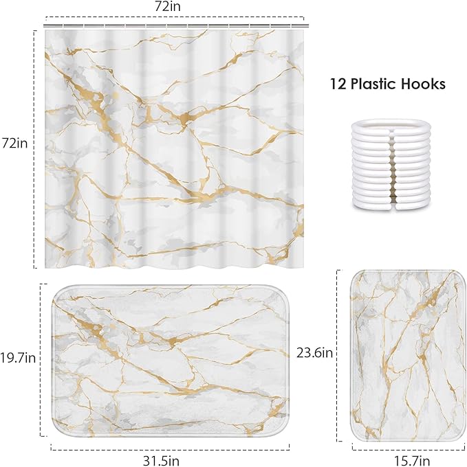 ArtSocket White Bathroom Set with Shower Curtain and Rugs and Accessories, Marble Gold Rose Stone Shower Curtain Set, Modern Mable Bathroom Decor 3-Piece Set