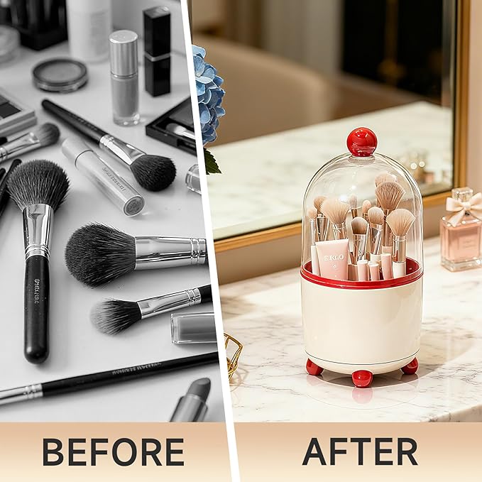 Makeup Brush Holder with Lid, Cosmetic Tools Organizer with Cover, 360?? Rotating Sliding Opening Dustproof Brushes Container for Vanity, Ideal Gift for Girlfriend Wife Friends (Red)