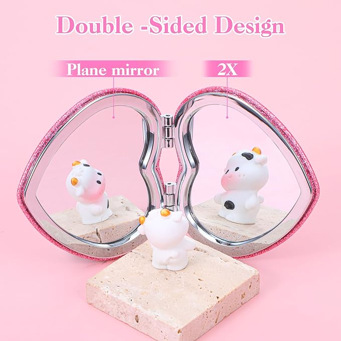 Qianyu Compact Folding Mirror Heart Shaped Double-Sided 1X/2X Magnifying Mirror Cute Mini Glitter Makeup Mirror with PU Leather Ultra-Portable Cosmetic Mirror for Women Home Office Travel (Rose red)