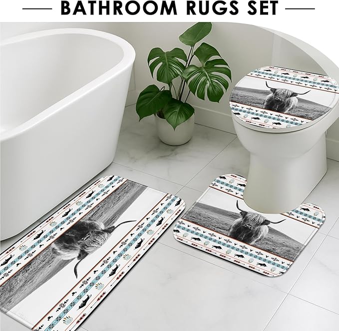 Western Highland Cow Shower Curtain Set with Toilet Lid Cover and Non-Slip Rugs, Tribal Country 4 Pcs Shower Curtain with 12 Hooks, Farmhouse Bathroom Set with Rugs and Accessories