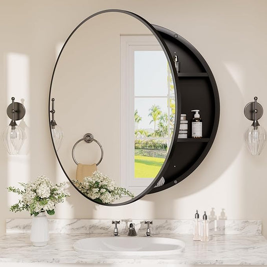 TETOTE Bathroom Mirror Cabinet 28 x 28 Black Round Bathroom Medicine Cabinet with Adjustable Shelves Farmhouse Wall Mirror with Storage Surface Mounted