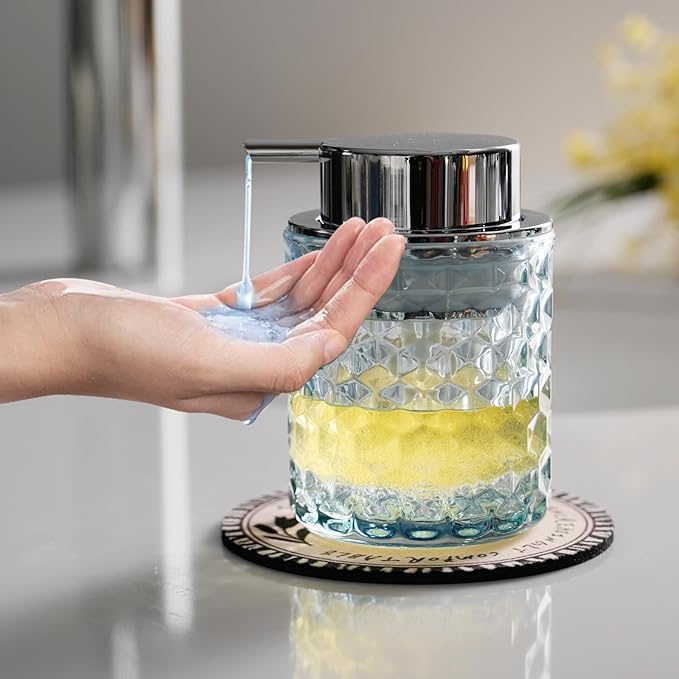 CICUFY Hand Soap Dispenser Glass, Refillable Liquid Dispenser for Bathroom & Kitchen,Lotion Dispenser with Large Silver Pump（Diamond Pattern-Blue）