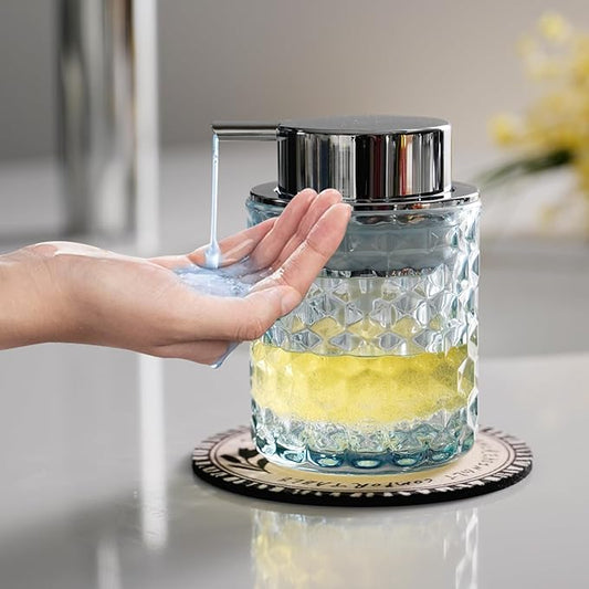 CICUFY Hand Soap Dispenser Glass, Refillable Liquid Dispenser for Bathroom & Kitchen,Lotion Dispenser with Large Silver Pump（Diamond Pattern-Blue）
