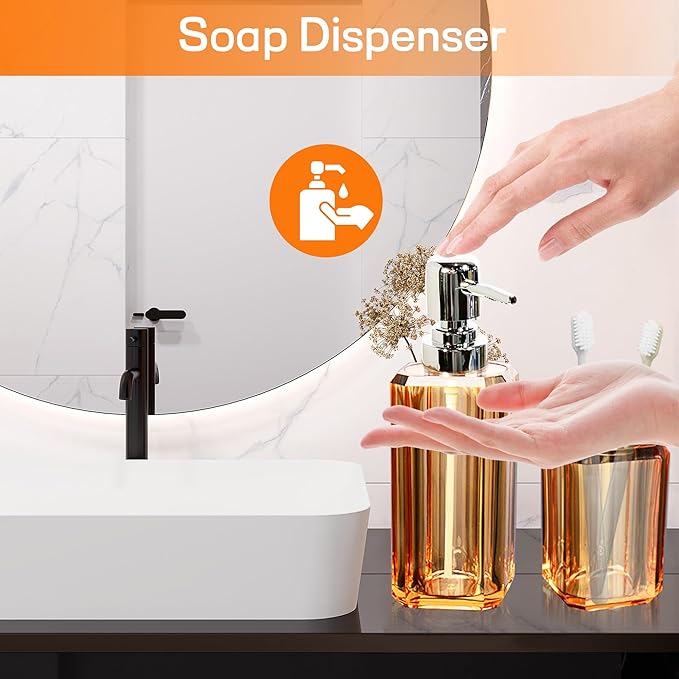 Bathroom Accessories Set,4 Pcs Premium Acrylic Bathroom Accessory Set Complete w/Lotion Soap Dispenser,Mouthwash Cup,Soap Dish,Toothbrush Holder,Orange Bathroom Decor Sets,Gift for Home Apartment