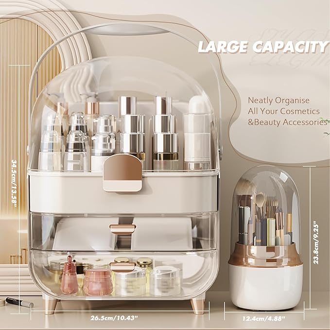 Makeup Organizer Countertop, Makeup Brush Holder with Lid & Drawers, Bathroom Vanity Organizer and Storage, Make Up Organizer for Vanity, Skincare Organizer Gifts for Girls, Wife, Mom