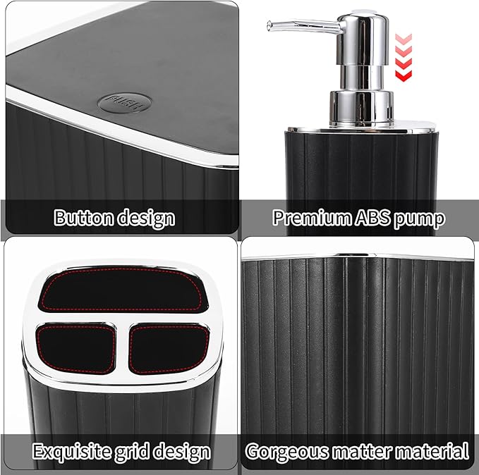 XLHOMO Bathroom Set with Shower Curtain and Rugs- 25PC Bathroom Accessory Set, Black Bathroom Set, Toilet Brush, Trash Can, Qtip Holder & Soap Dispenser