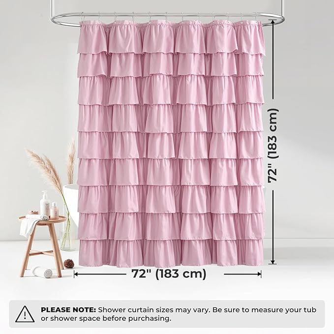 Seasonwood Pink Ruffle Shower Curtain Cute Girly Shower Curtain Farmhouse Vintage Handcrafted Rustic Decorative Fabric Shower Curtains for Bathroom, 72" x 72"