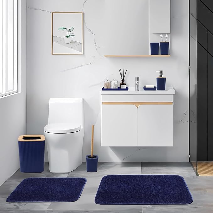 XLHOMO Bathroom Accessory Set–Bathroom Sets with Shower Curtain and Rugs, No Slip Bathroom Rugs Super Absorbent, Blue Ombre Water-Proof Shower Curtain with Hooks, Blue Bathroom Sets Complete for Home