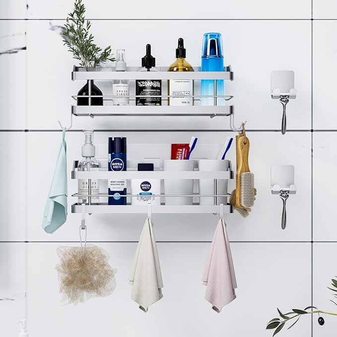 Carwiner Shower Caddy Bathroom Shelf 2-Pack, Basket with 8 Hooks for Hanging Shampoo Conditioner, SUS304 Stainless Steel Rack Wall Mounted Storage Organizer for Kitchen, No Drilling