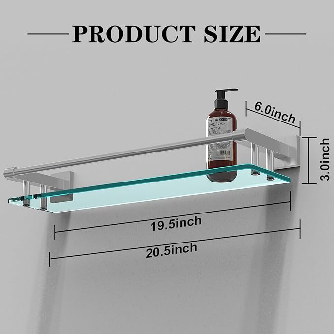 2 Pack Glass Shelf Bathroom Shelves for Bathroom 21inch Rectangular Holder Brackets Stainless Steel Tempered Glass Modern Toilet Storage Stand Mount Accessories Brushed Nickel