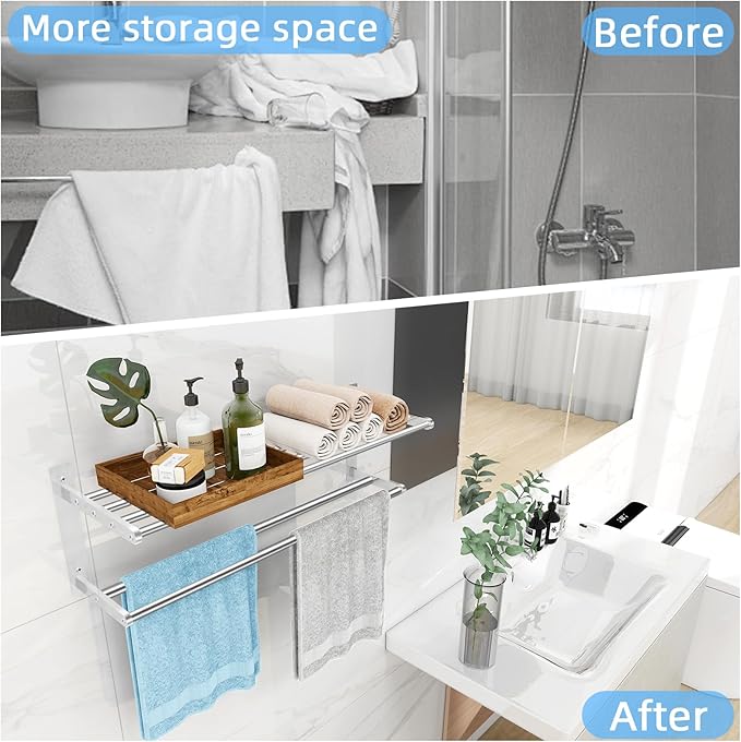 Towel Racks for Bathroom 24 Inch, 2 Tier Towel Shelf with Double Towel Bar, Stainless Steel Bath Towel Rack Wall Mounted, Towel Holder Towel Storage Rack for Bathroom, Brushed Nickel