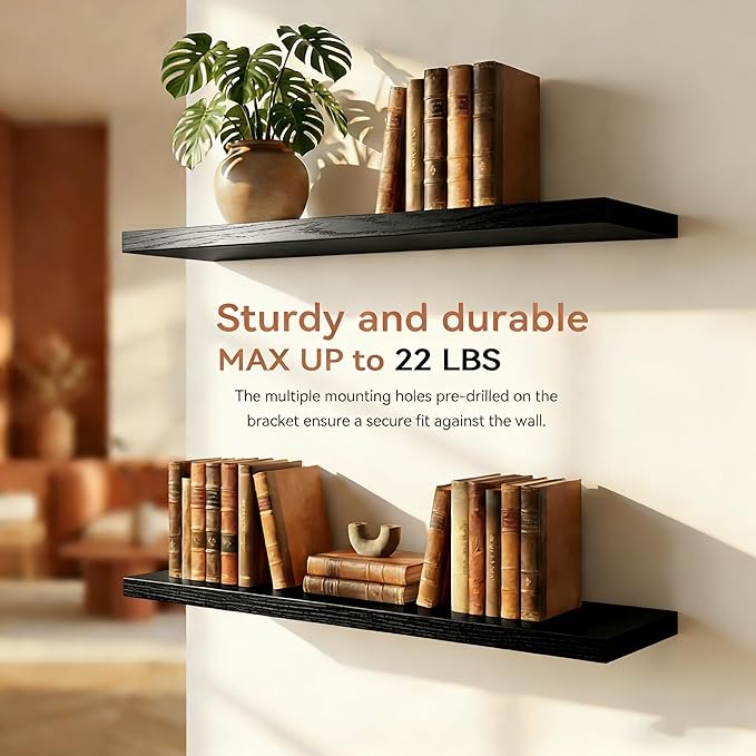 Floating Shelves for Wall, Rustic Wood Shelf for Room Decor/Storage/Display, Small Wall Mounted Hanging Shelves with 20lb Capacity for Bathroom, Living Room, Kitchen (Black)