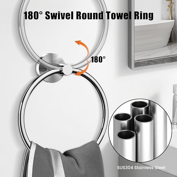 Bathroom Hardware Set 5 Pieces, SUS304 Stainless Steel Bathroom Accessories Set, 24 Inch Towel Bar Set, Round Bathroom Accessories Kit Wall Mounted, Simple Design for All Bathrooms (Polished Chrome)