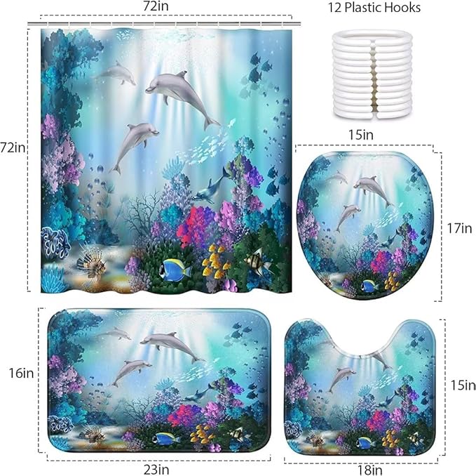Yizheer 4Pcs Sea Dolphin Coral Bathroom Shower Curtain Set with 12 Hooks Bath Mat Toilet Cover U Shaped Mat- PEVA Material, 72x72 Inches, Bathroom Decor Curtain Liner for Bathtub (Blue)
