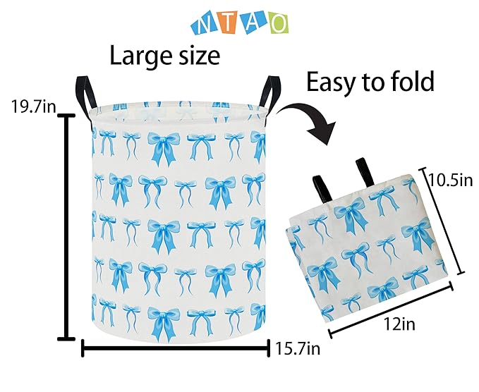 NTAOHAMPER Laundry Hamper,Laundry Basket,Baby Nursery Hamper,Waterproof Storage Bin,Clothes Organizer Basket,Room Decor(Blue Bowknot)