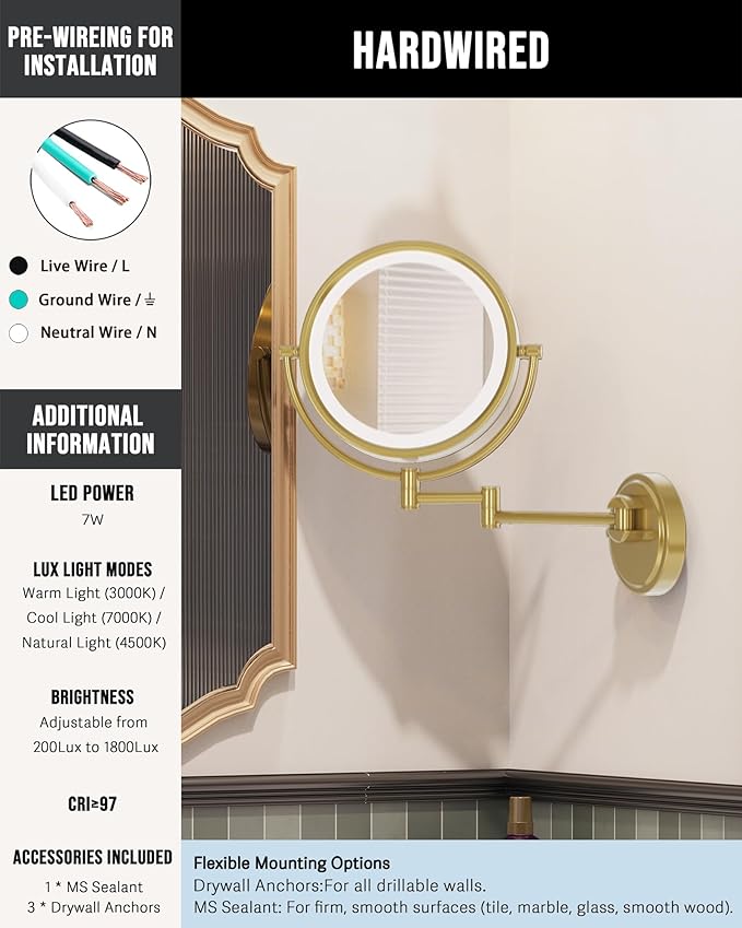 10" Wall Mounted Makeup Mirror with Light and Magnification, 3 Color LED, 1X/5X Wall Mount Magnifying Mirror with Extension Arm Gold for Bathroom, Hardwired, Brushed Moderne Brass