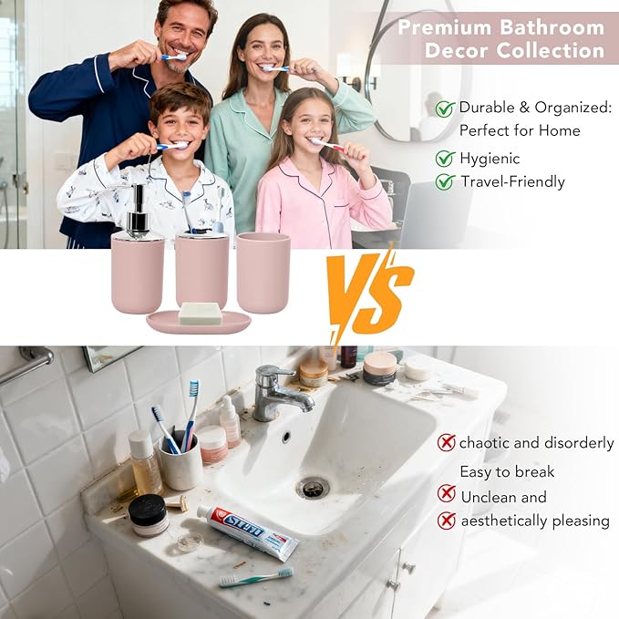 Matte Pink Bathroom Accessories Set, 4 Piece Plastic Bathroom Toothbrush Holder Set, Include Soap Dispenser, Toothbrush Holder, Rinse Cup, Soap Dish, Boho Pink Bathroom Decor for Home, Bathroom Set