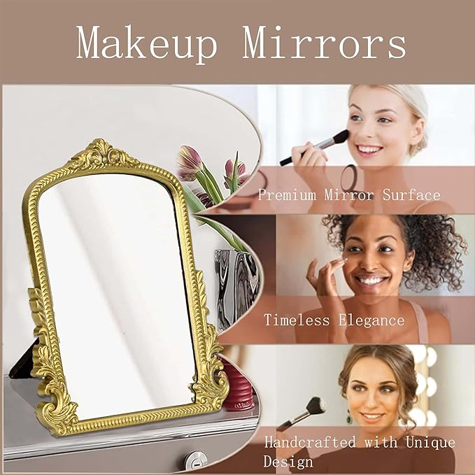 HSDDHOME Champagne Gold Vintage Vanity Mirror,Small Decorative Table Top Mirror,Baroque Arched Makeup Desk Mirror Wood Frame Free Standing,for Dresser,Bedroom,Living-Room Countertop 11.8" x 9.6"