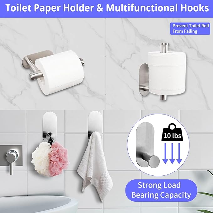 Bathroom Hardware Set, 16" Bathroom Towel Holder with Toilet Paper Holder, Towel Ring, Towel Hook, Bathroom Accessories for Kitchens, Laundry Rooms (5, Sliver)