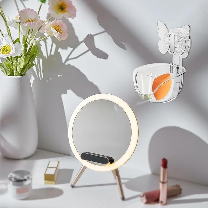 Self Adhesive Shower Shelves, Makeup Sponge Holder, Clear Shower Shelves Bottom Equipped with Drainage Holes and Powerful Butterfly Pressure Suction Cups, Adhesive Bathroom Shelves (transparent)