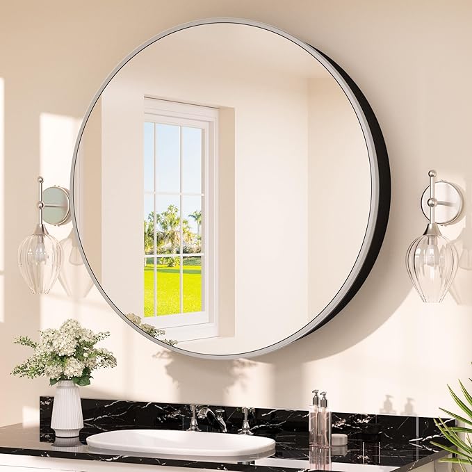TETOTE Bathroom Mirror Cabinet 30 x 30 Matte Silver Gray Round Bathroom Medicine Cabinet with Mirror Adjustable Shelves Farmhouse Wall Mirror with Storage Surface Mounted