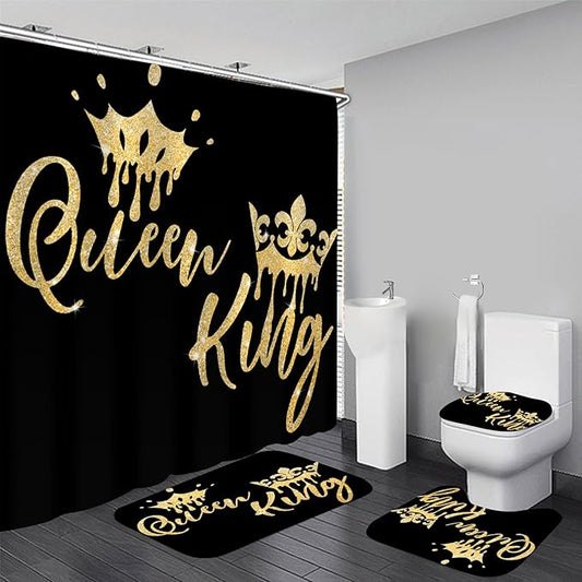 AZHM Queen and King Shower Curtain Set for Bathroom 4 Pcs Black Bathroom Accessory Decor Sets with Shower Curtain and Rugs