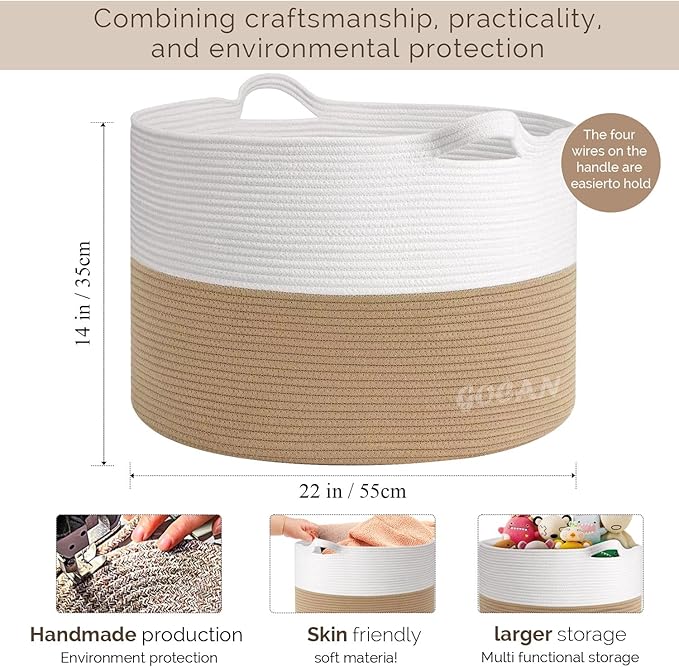 GOCAN Storage Baskets for Organizing D22"H14" Large blanket basket laundry basket Cotton Rope Woven Basket for toy towl in Living Room (Jute/Beige) XXXL