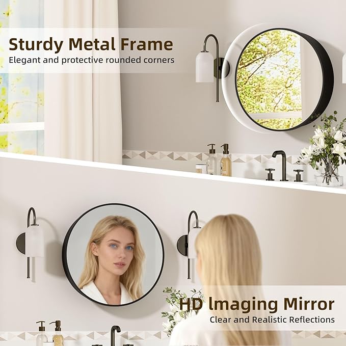 20 x 20 Inch Round Medicine Cabinet Mirror Black,Circular Bathroom Mirror with Storage Wall Mounted,Metal Framed Medicine Cabinets with Tempered Glass Adjustable Shelves for Bathroom Vanity
