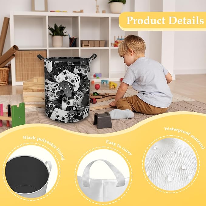 Gaming Gamer Laundry Basket, Vintage Game Controller Waterproof Collapsible Laundry Hamper Dirty Clothes Storage Toy Bin Organizer for Boys Kids Room Bedroom College Dorm Bathroom