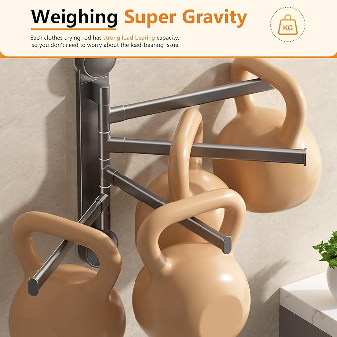 Aluminum 4-Arm Towel Bar - Suction Cup Towel Rack, Swing Out Rustproof Towel Racks for Bathroom & Kitchen, Space Saving