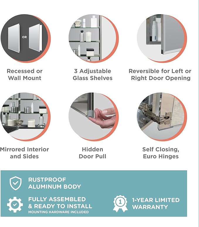 Zenna Home Bathroom Medicine Cabinet with Mirror, Frameless Bathroom Wall Cabinet with Rustproof Aluminum Body, 3 Adjustable Glass Shelves, Recessed or Surface Wall Mount Installation, 15 x 26 Inches