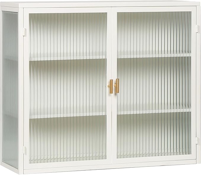 Medicine Cabinet, 27.56" Glass Doors Modern Two-Door Wall Cabinet with Three-Tier Storage for Entryway Living Room Bathroom Dining Room Bathroom Cabinet Kitchen (White3)