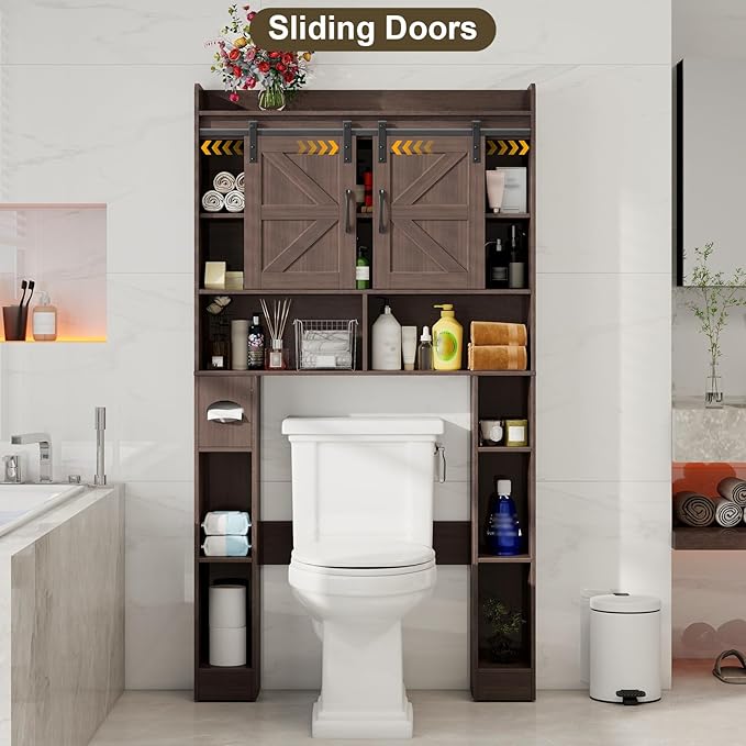Vabches Farmhouse Storage Cabinet Over Toilet with Sliding Doors, Home Space-Saving Toilet Rack, Over The Toilet Storage Cabinet, Open Storage Shelf, for Bathroom, Laundry, Restroom.Espresso