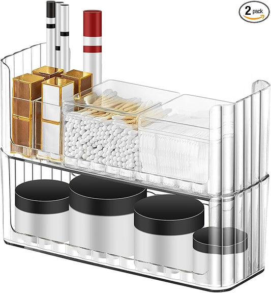 Poeland 2 Pack Stackable Makeup Organizer Tray, Transparent Cosmetic Display Case with 2 Lipstick Cases and 2 Cotton Swab Pad Boxes, Medicine Cabinet Shelves Organizer