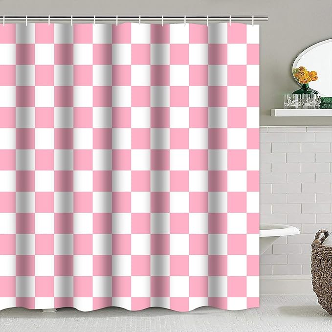 4 PCS Checkered Shower Curtain Sets Fun Gingham Bathroom Sets Soft Non Slip Bath Rugs Toilet Cover U-Shaped Mat Retro Bright Waterproof Shower Curtains with 12 Hooks for Tub Toilet, Pink